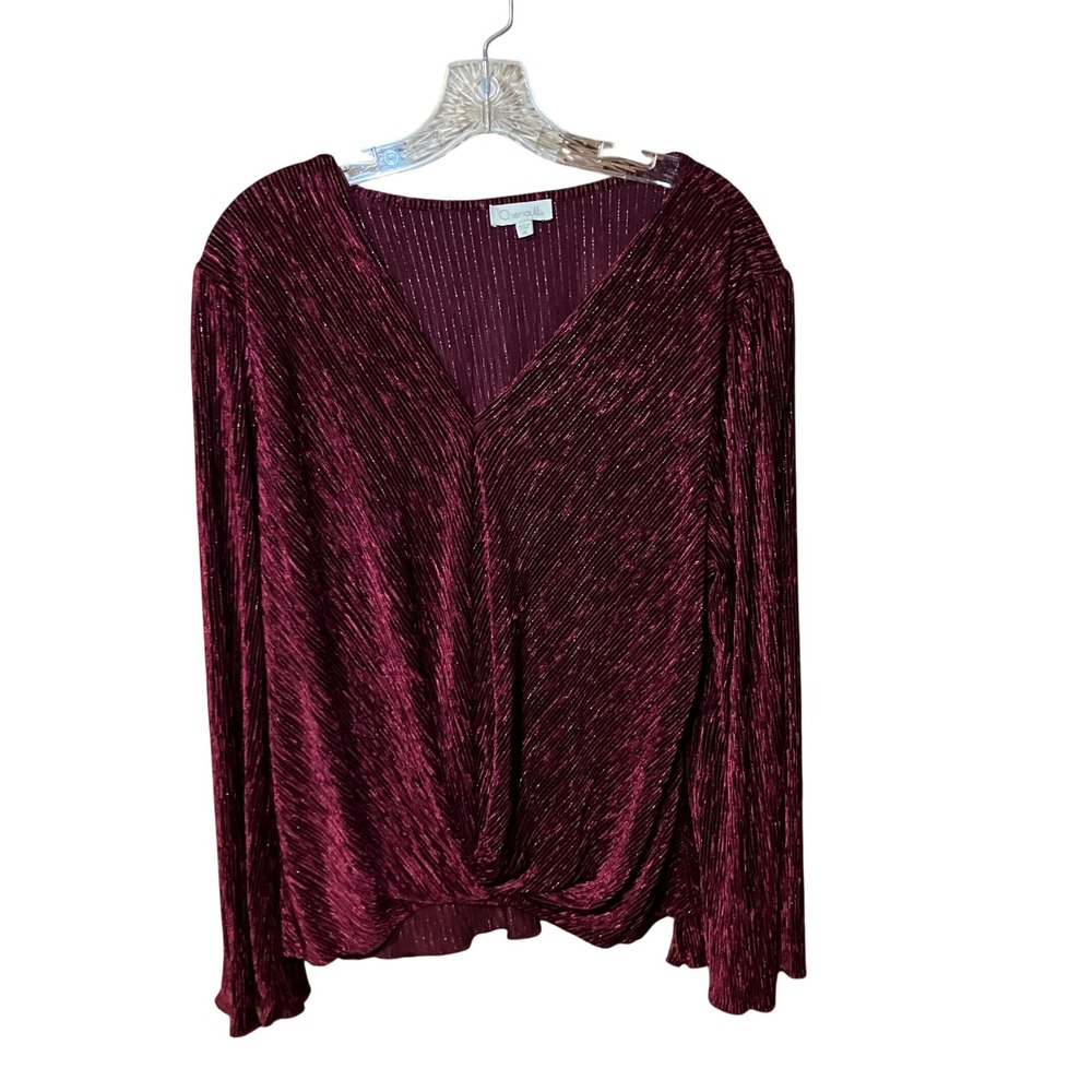 Chenault Top Women XL Burgundy Metallic Pleated Twist Front V-Neck